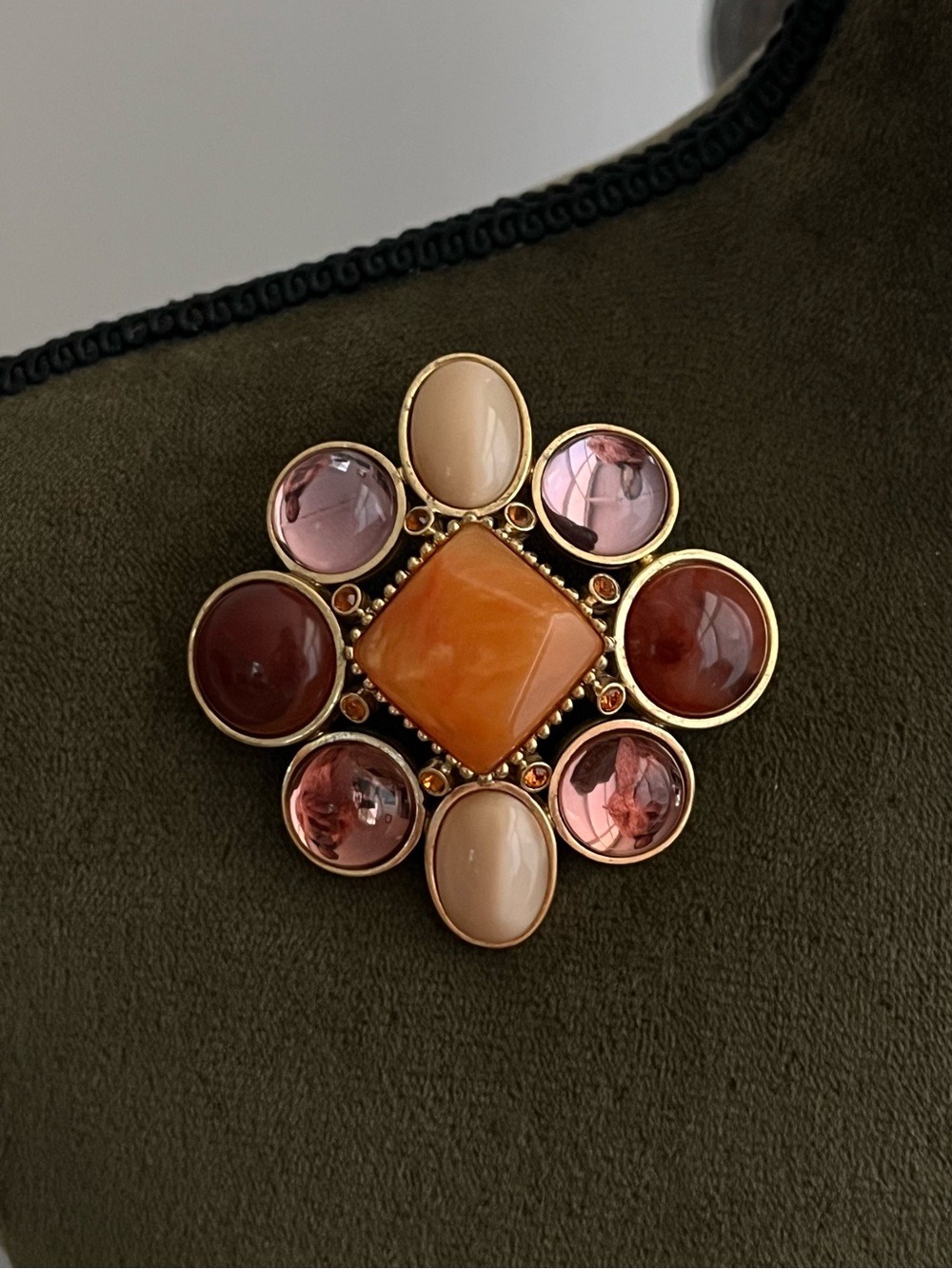 Vintage Joan Rivers Amber Yellow Purple Pink Resin Cabochon Gold Brooch Pendant